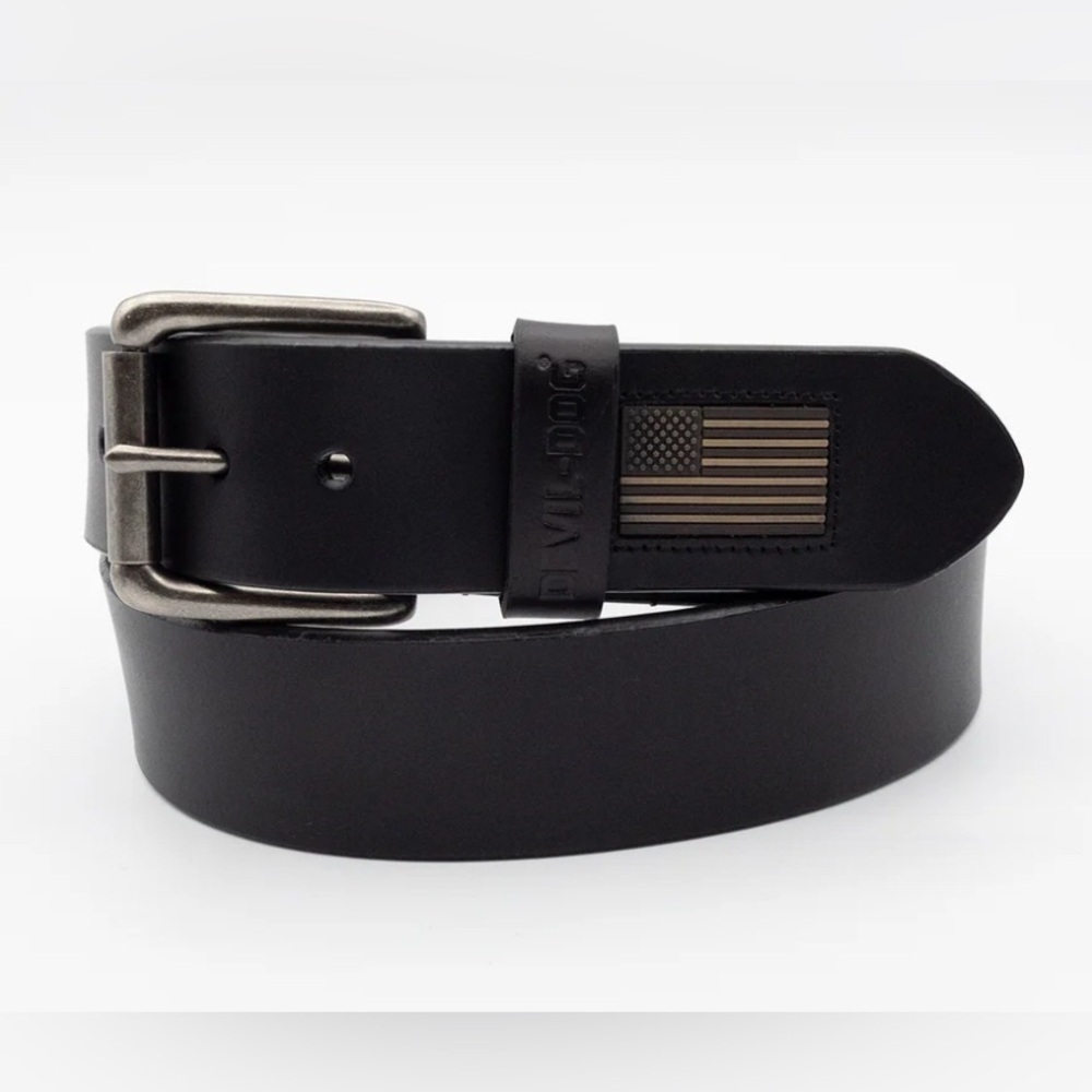 Devil-Dog Dungarees Classic Black Leather Belt with 🇺🇸 Flag Accent